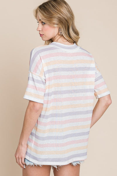 Pastel Striped V-Neck Short Sleeve Top