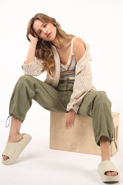 Olive Drawstring Woven Parachute Joggers