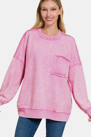 Light Pink Exposed Seam Round Neck Dropped Shoulder Sweatshirt