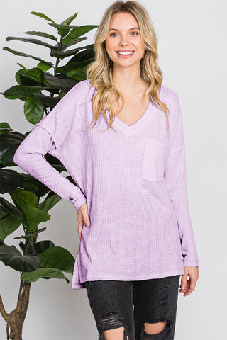 Lilac Waffle Knit V-Neck Long Sleeve T-Shirt