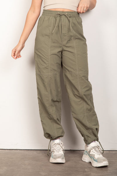 Olive Drawstring Woven Parachute Joggers