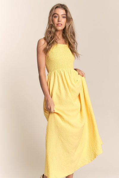Yellow Texture Crisscross Back Tie Smocked Maxi Dress
