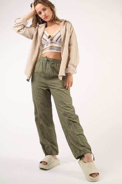 Olive Drawstring Woven Parachute Joggers
