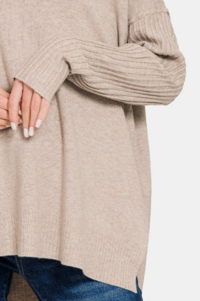 Mocha V-Neck Side Slit High-Low Sweater