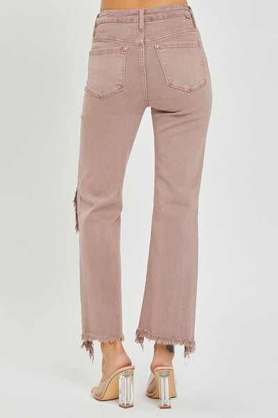 Risen Mauve Distressed Ankle Bootcut Jeans