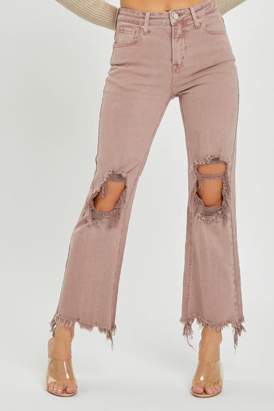 Risen Mauve Distressed Ankle Bootcut Jeans