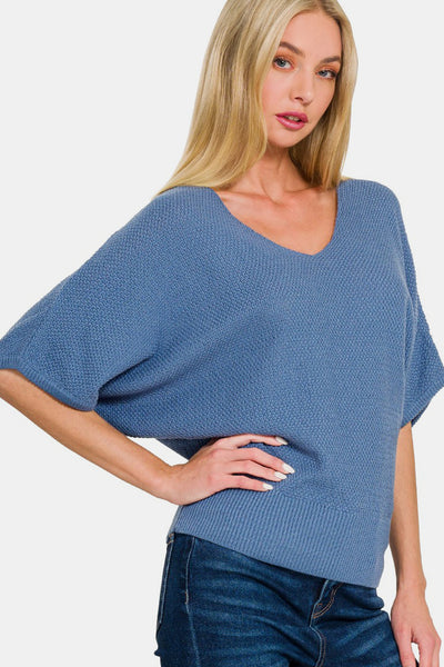 Blue V-Neck Short Sleeve Dolman Sweater