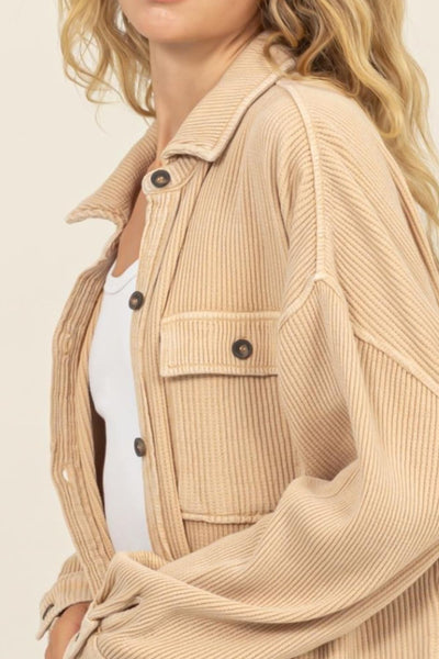 Taupe Waffle-Knit Curved Hem Button Up Shacket