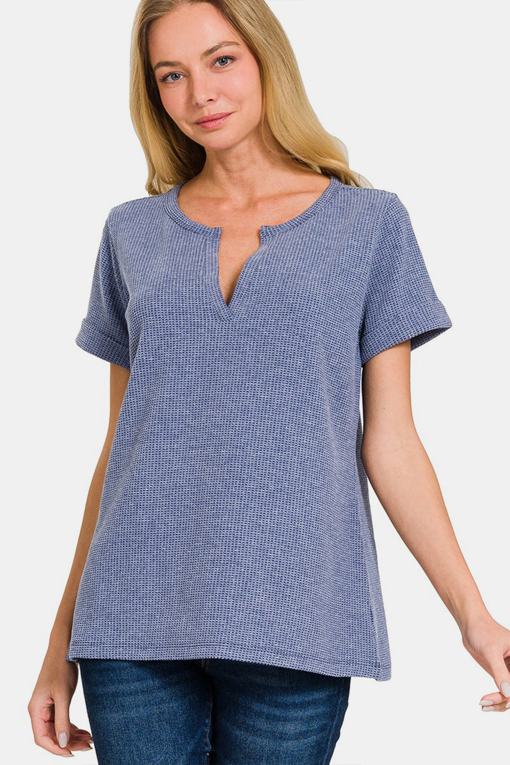 Denim Blue Notched Short Sleeve Waffle Tee