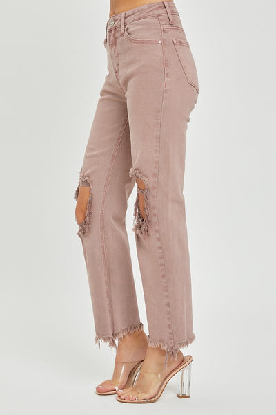 Risen Mauve Distressed Ankle Bootcut Jeans