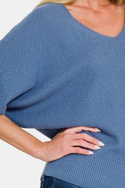 Blue V-Neck Short Sleeve Dolman Sweater