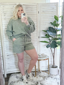 Olive Acid Wash Fleece Shorts with Pockets