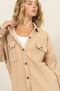 Taupe Waffle-Knit Curved Hem Button Up Shacket