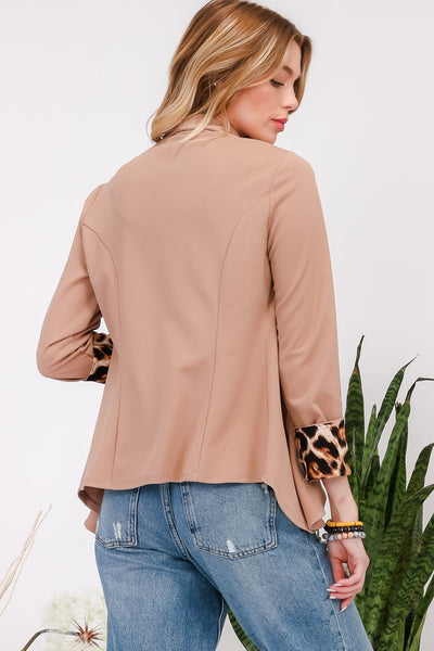 Mocha Rolled Leopard Cuff Open Front Blazer