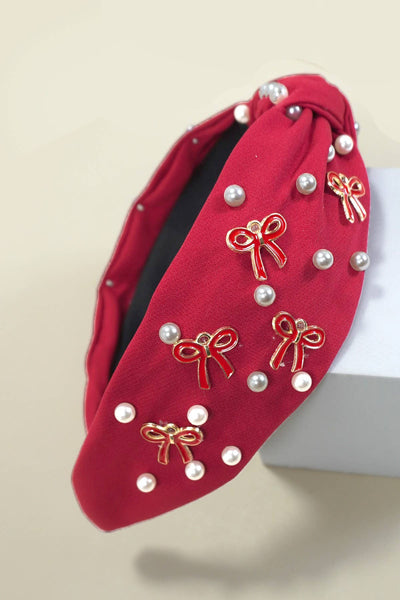 PEARL BOW HAIR BAND HEADBAND RED
