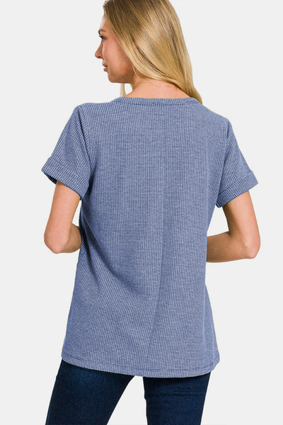 Denim Blue Notched Short Sleeve Waffle Tee