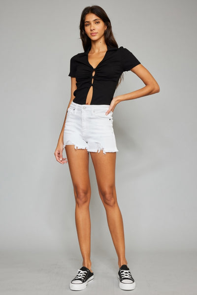 Kancan White High Rise Frayed Hem Denim Shorts