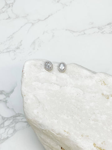 Glitzy Halo Oval Stud Earrings