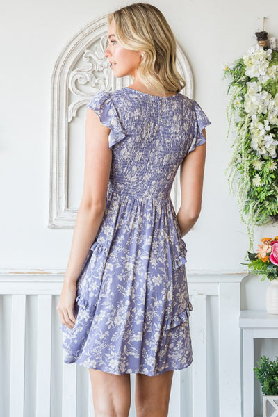 Lavender Floral Ruffle Trim Smocked Mini Dress