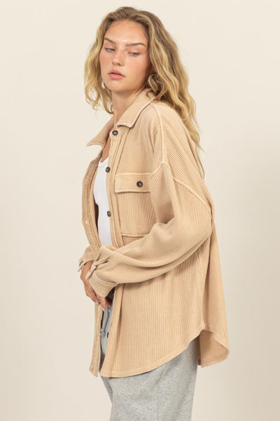 Taupe Waffle-Knit Curved Hem Button Up Shacket