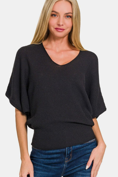 Black V-Neck Short Sleeve Dolman Sweater