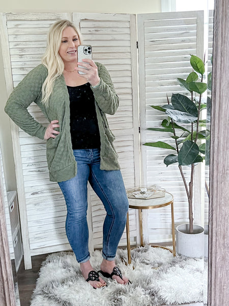 Olive Checkered Open Front Cardigan