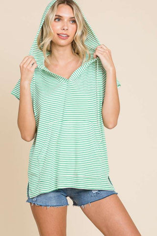 Green Striped Short Sleeve Hooded Top