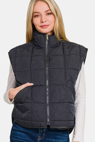 Black Cropped Puffer Vest with Pockets