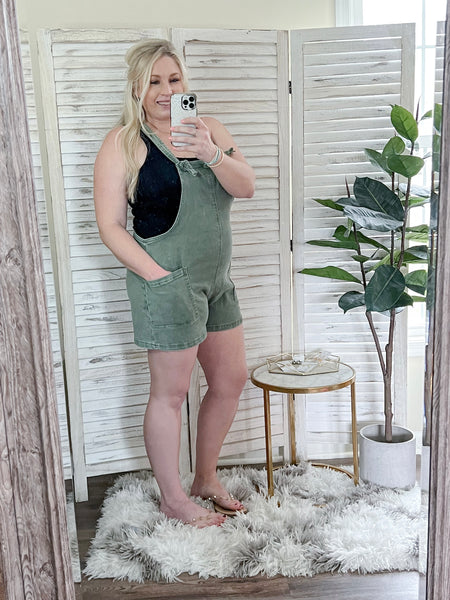 Olive Acid Wash Knot Strap Romper