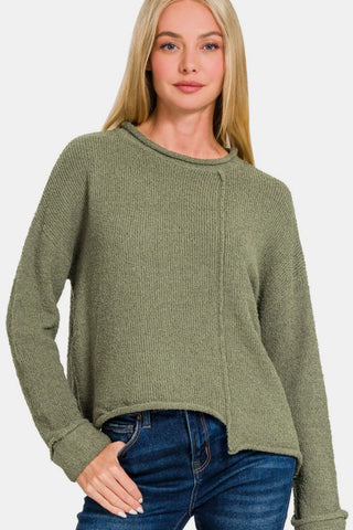 Olive Asymmetric Hem Drop Shoulder Sweater