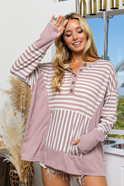 Mauve Striped Thumbhole Long Sleeve Top