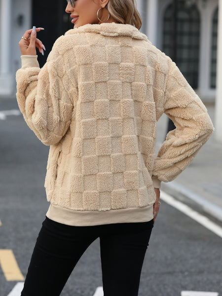 Fuzzy Quarter Zip Checkered Sweatshirt