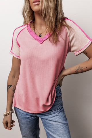 Pink Color Block Ribbed Short Sleeve T-Shirt