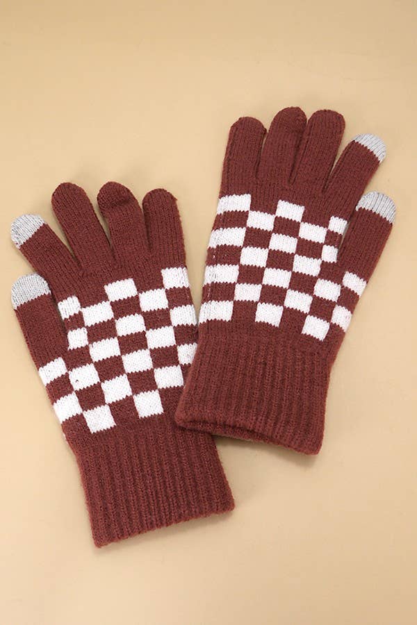 CHECKER WOOL TOUCH SCREEN  WINTER GLOVES-Brown