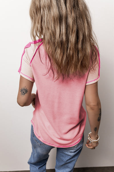 Pink Color Block Ribbed Short Sleeve T-Shirt
