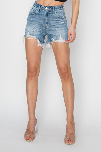 Risen Light Wash Frayed Hem Denim Shorts