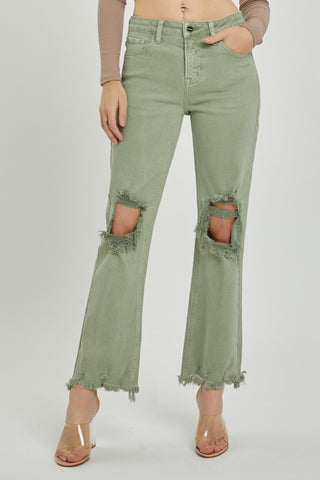 Risen Olive Distressed Ankle Bootcut Jeans