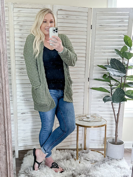 Olive Checkered Open Front Cardigan