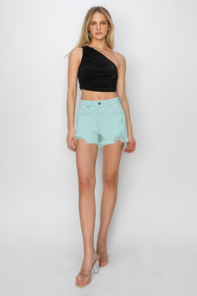 Risen Mint Frayed Hem Denim Shorts