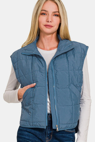 Dusty Blue Cropped Puffer Vest with Pockets