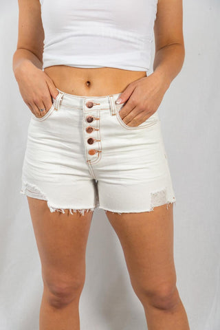 Off White Distressed Shorts with Gold Button Fly
