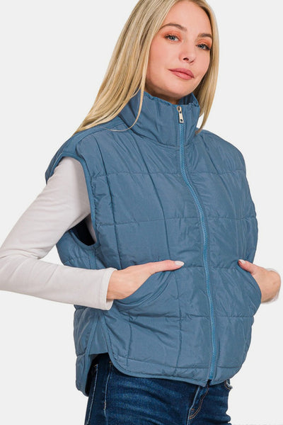 Dusty Blue Cropped Puffer Vest with Pockets