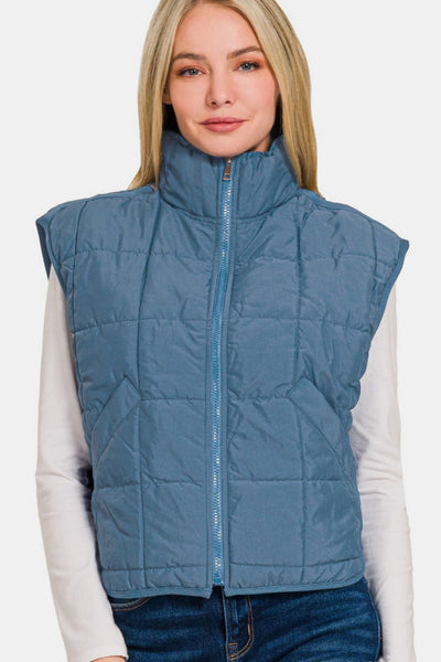 Dusty Blue Cropped Puffer Vest with Pockets