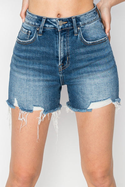 Risen High Rise Raw Hem Distressed Denim Shorts