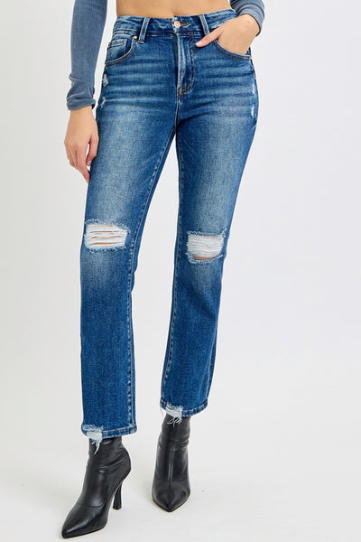 Risen High Rise Distressed Crop Straight Jeans