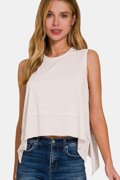 White High-Low Round Neck Tank With Slit