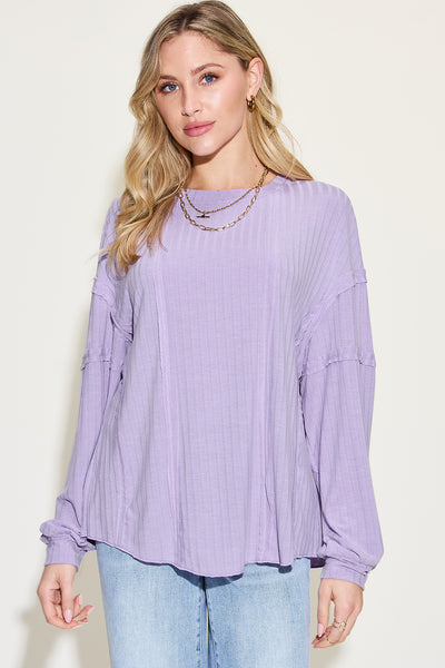 Ribbed Round Neck Long Sleeve Top