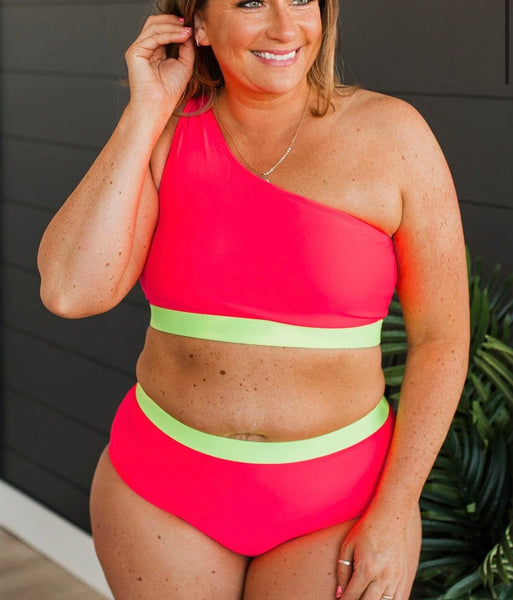 Sunny Vibes One-Shoulder Swim Top- Watermelon & Neon Yellow