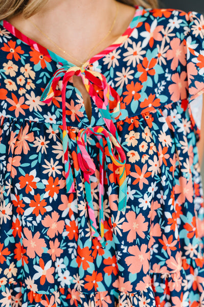 Floral Flutter Sleeve Dress in Navy/Coral