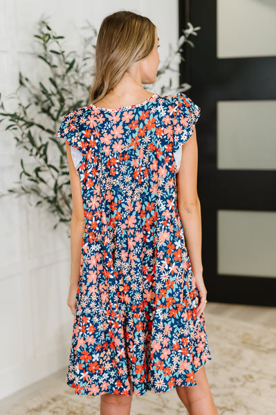 Floral Flutter Sleeve Dress in Navy/Coral